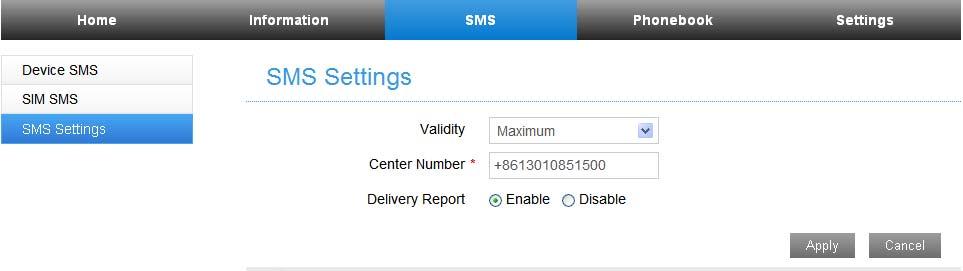 2. From the Web UI, click SMS > SMS Settings to set the SMS limit settings. Validity: Set valid period of outgoing messages.