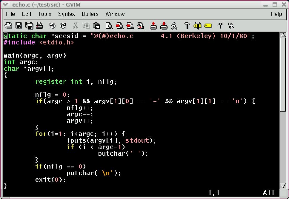 Vim: Vi IMproved, a Programmer's Text Editor Gvim: GUI Vim Below is a snapshot of using gvim. Vim is a text editor that is upwards compatible with vi.