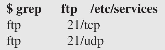 Example 23.1 In UNIX, the well-known ports are stored in a file called /etc/services. Each line in this file gives the name of the server and the well-known port number.