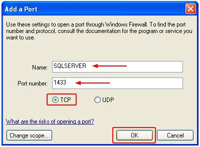 In the Name field, type SQLSERVER and enter the port number 1433 (or the port that you used in the