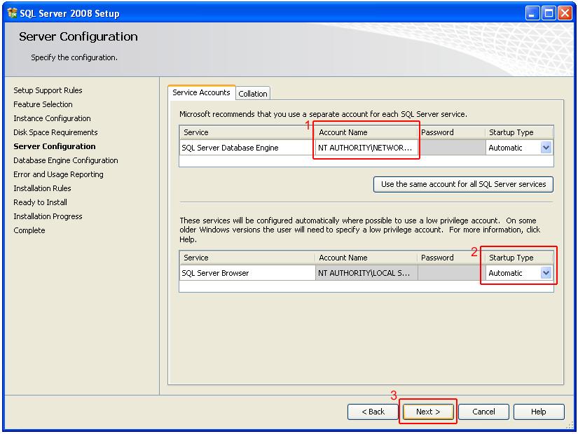 In the SQL Server Database Engine section select NT AUTHORITY\NETWORK SERVICE.
