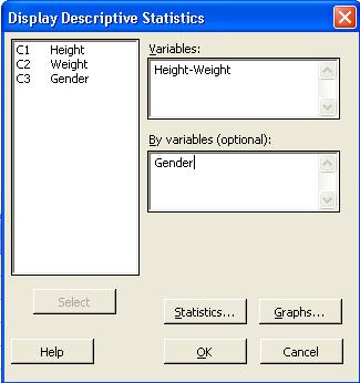 Introduction to Minitab 3 This will take you to the Explore window. We need to place height and weight in the dependent field as it is our response.