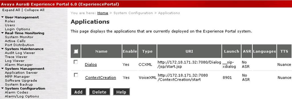 5: On Avaya Aura Experience Portal, under System Configuration, add the Dialog and Context Creation applications.