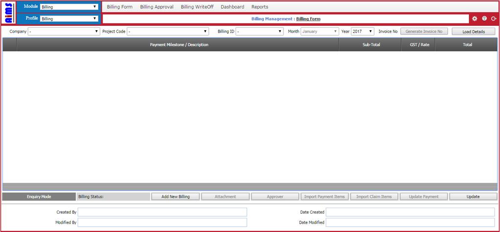 To load Billing record Select the Company, Project Code, and Billing ID.