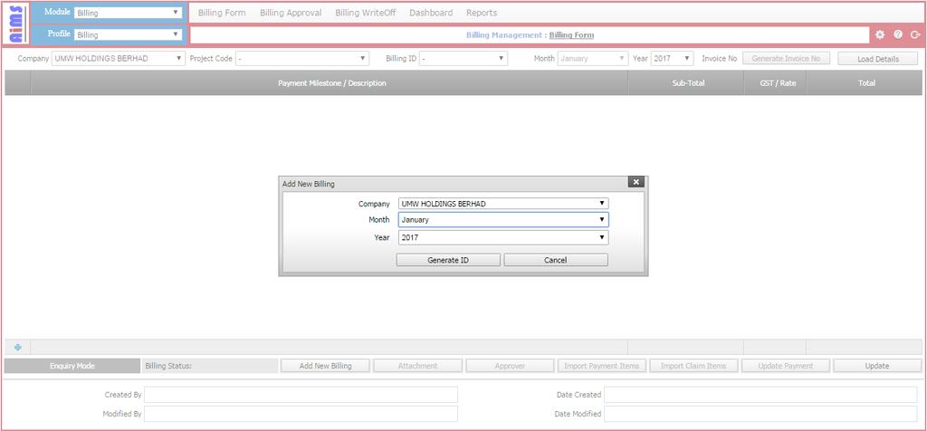 To add a Billing record First, click on the Add New Billing button. If it is a new entry for the year, a pop out window will appear as shown in figure 2.