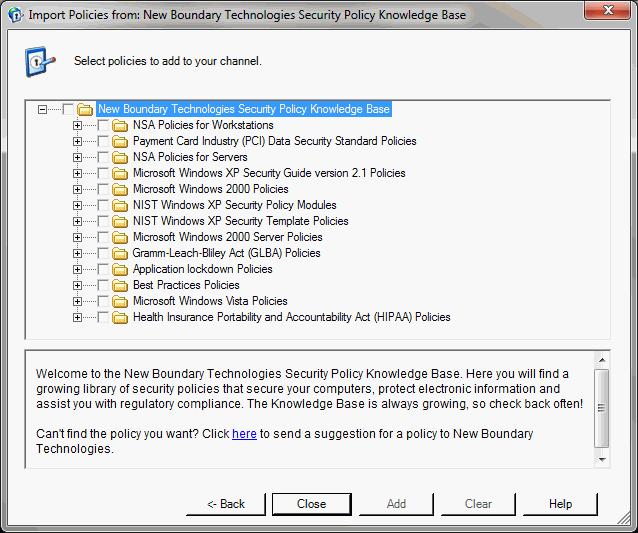 Policy Commander Import From Policy Server This dialog allows you to select policies to download to your channel. The title bar displays the name of the external server.