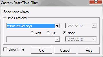 Policy Commander is blank is not blank is like is not like Custom Filter Information dialog When you filter on the date, time, status, action, or other text, this dialog box lets you customize the
