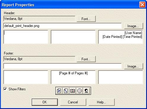 Generating Reports Report Properties dialog On the Report Properties dialog box, add a header or footer to the printed report.