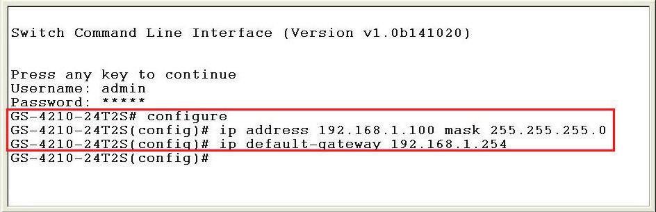 The previous command would apply the following settings for the Managed Switch. IP Address: 192.168.1.100 Subnet Mask: 255.255.255.0 Gateway: 192.168.1.254 Figure 5-2: Setting IP Address Screen 5.