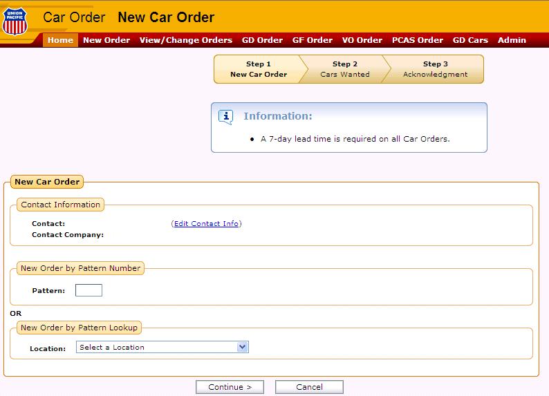 New Order screen To create a new car order, select New Order from the menu From this screen, you can edit your contact