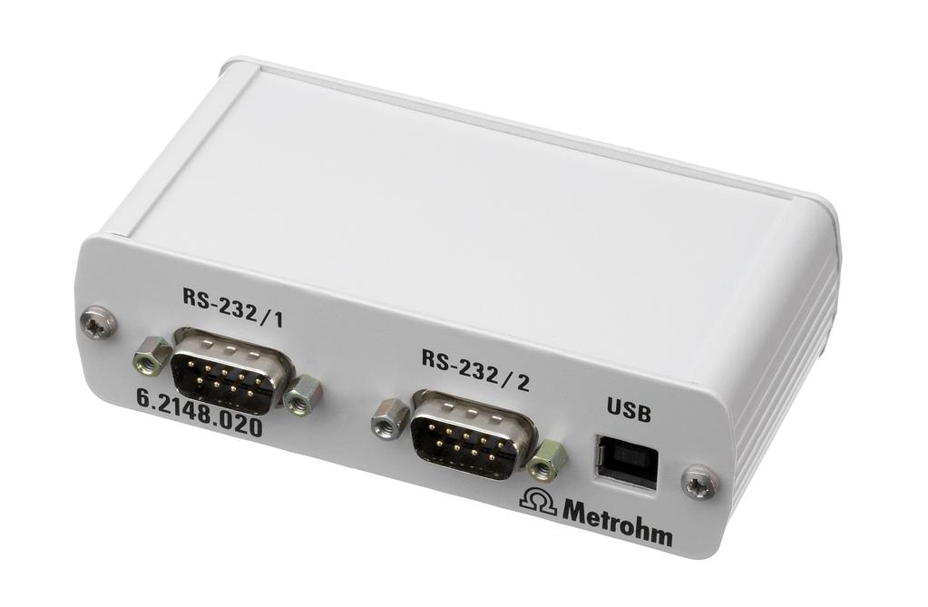 020 RS-232/USB box Extends the Titrando, USB Sample Processors, Dosing Interface, Titrosampler by two RS-232 interfaces for connecting e.g. balances, PC, LIMS. Requires 6.2151.030 cable. 6.3026.