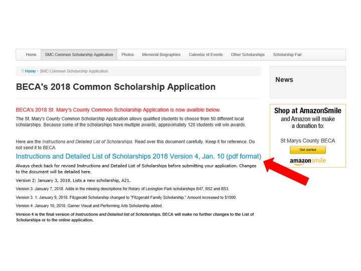 Begin by selecting the blue hyper link Instructions and List of Scholarships for 2018.
