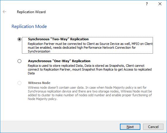 59. Press the Add Replica button in the Replication Manager window. Select Synchronous two-way replication option and click Next to proceed. 60. Specify the partner server IP address.