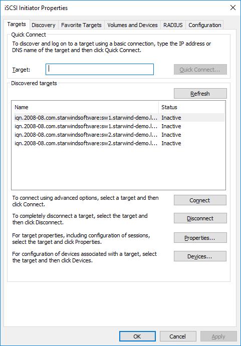 Connecting Targets 79. Launch Microsoft iscsi Initiator on the first StarWind node and click on the Targets tab. The previously created targets should be listed in the Discovered targets section.