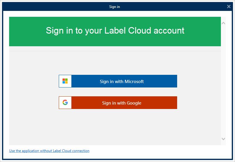 Type in the name of the Label Cloud server you are connecting to and click Connect. Figure 4-5: Adding your account name to the Label Cloud address 5. The Sign in to your Label Cloud window appears.
