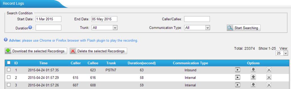 Figure 19-6 Record Logs Search The administrator can search and filter record data by specifying the call date, caller/callee, trunk, duration, and communication type.