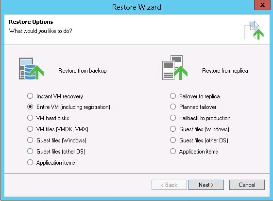 2. To perform Instant Recovery, on the Veeam console, click the Restore Wizard option, select