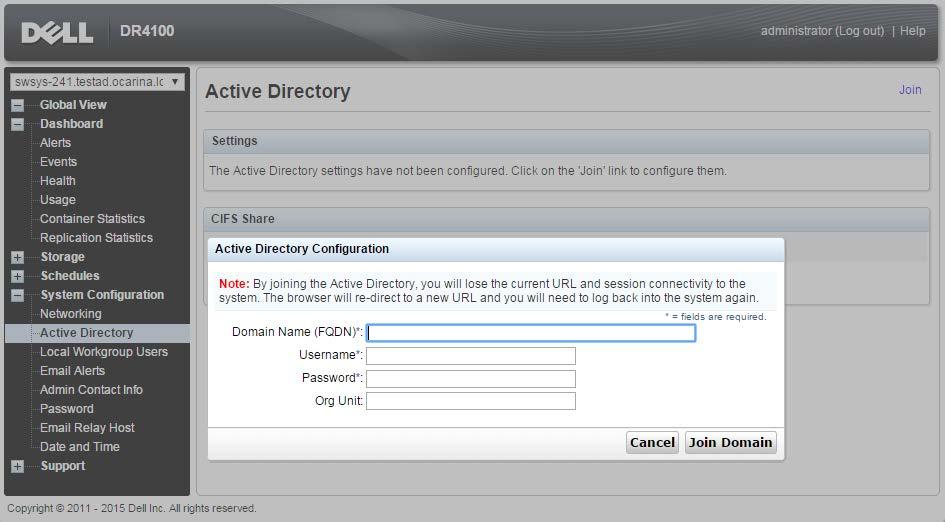 Note: if you do not want to add the DR Series System to Active Directory, see the DR Series System Owner s Manual for guest logon instructions. a. Under System Configuration in the left navigation area, click Active Directory.