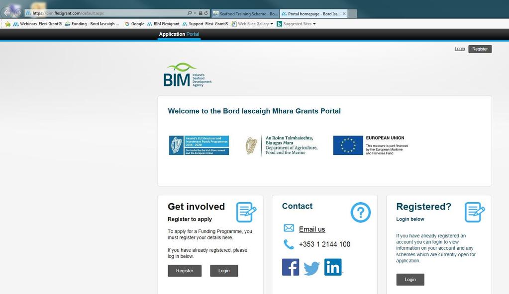 BIM Grants Portal Registering: 1) If you have never applied for a BIM Grant through the Portal before, you must first Register. Click the Register Button under Get Involved.