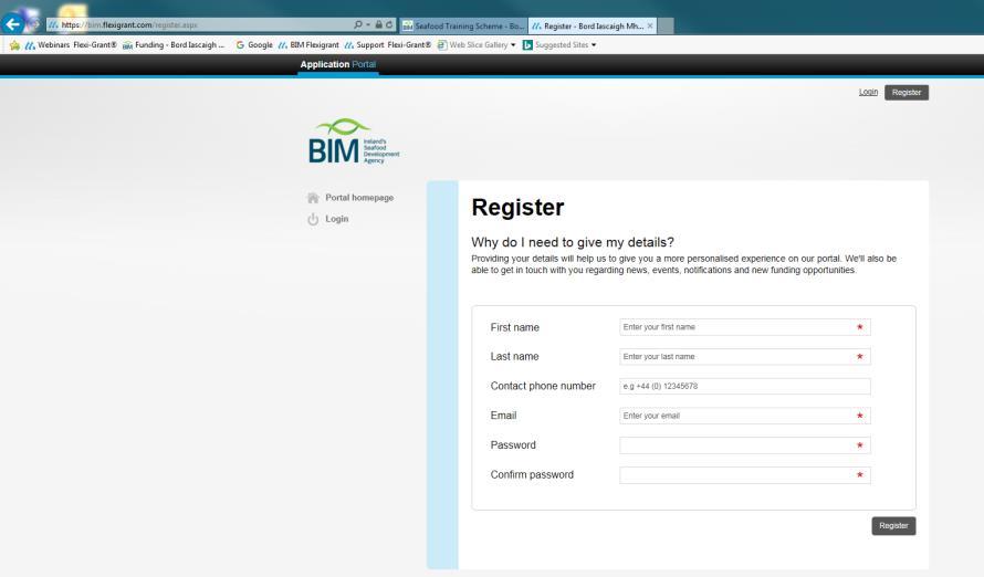 3) You will then be taken to the BIM Registration Page where you fill in your contact details (first name, last name, contact phone number, E-mail and password) and then click Register.