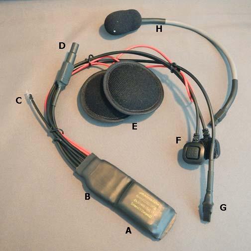 Bluetooth Helmet Kit Parts A. Helmet Bluetooth Module with battery. B. Cable assembly connector. C. Indicator light (Fiber optic cable with lens). D. Battery charging recepticle. E. Speakers. F.