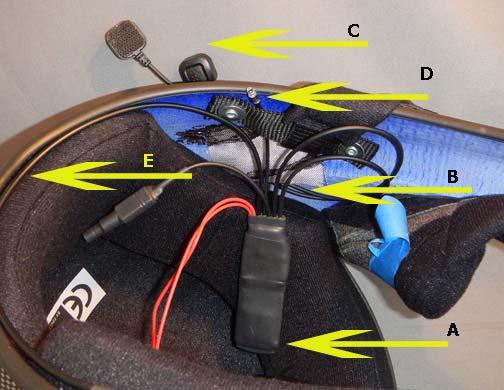A. Place assembly into helmet as shown. B. Lift screen and route the two buttons out of the helmet ear-hole. C. Leave buttons loose for now. D. Route indicator light under the chin-strap assembly. E.