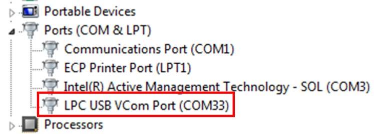 The Kinetis board should be detected and labeled as VCOM Port (COMX) within the Ports (COM & LPT) drop-down (Fig 53). Fig 53. Drivers correctly installed.