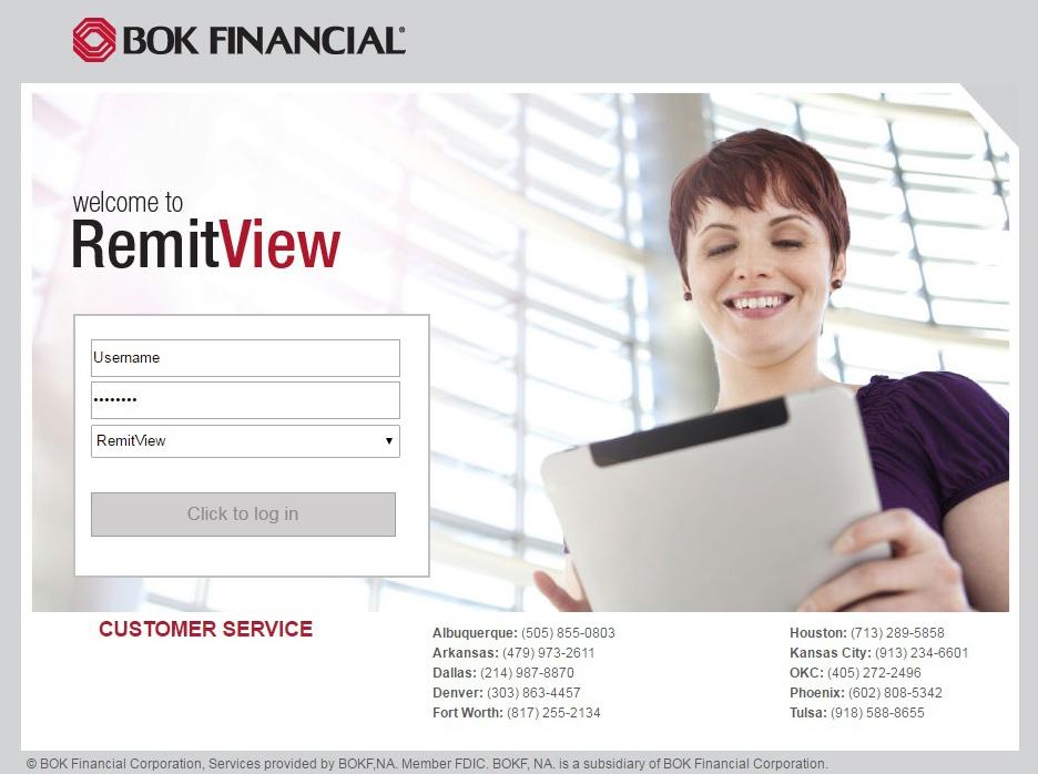 getting started To access the RemitView application, enter https://remitview.bokf.com in the address bar of your Internet browser and click Log in or press Enter.