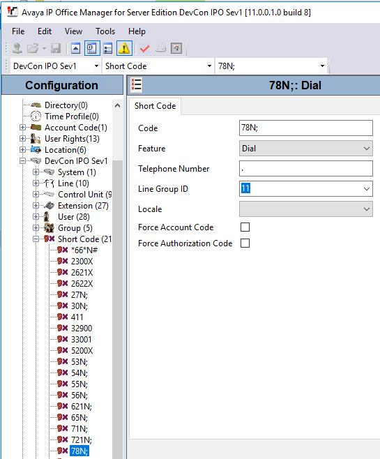 5.7. Administer Short Code From the configuration tree in the left pane, right-click on Short Code and select New from the pop-up list (not shown) to add a new short code to route calls to Trio