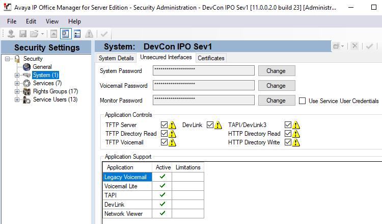 Select System and under the Unsecured Interfaces tab ensure that TAPI/DevLink3 box is selected as shown below.