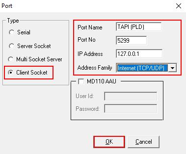 In the Port screen shown below, configure the following and click on the OK button. Select the Client Socket radio button.
