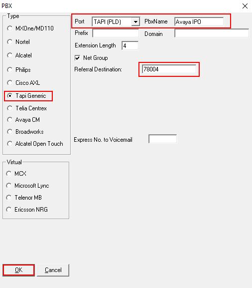 Configure the PBX window as shown below. Type: Click on the Tapi Generic radio button. Port: Select TAPI (PLD) from the drop-down menu. PbxName: Enter an informative name.