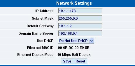 b) Once on this page you can setup the network settings as indicated below :- IP Address :- Use this to change the IP address of your unit Subnet Mask :- Use this to assign the subnet mask of your