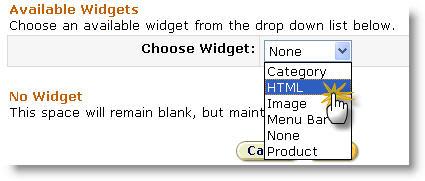 Choosing the Widget Type After you have selected a page element or widget to customize, the Widget Configuration window opens. This window allows you to select the type of widget you want to display.