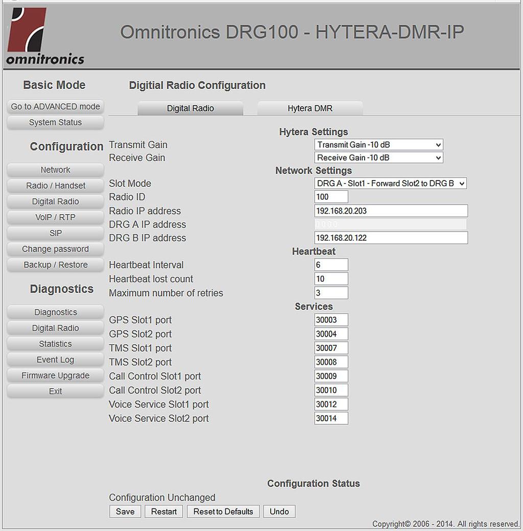 Chapter 1, Configuration Hytera DMR IP Interface Settings Select Digital Radio under the Configuration menu, and then select Hytera DMR to display the configuration page similar to the one shown in
