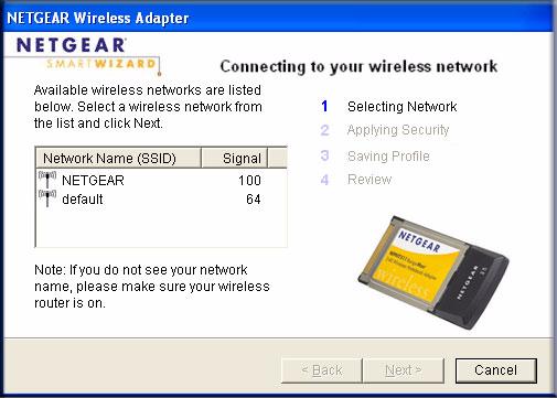 d. Select the wireless network from the drop-down list, and the wizard records your choice. Hidden networks do not broadcast the Network Name (SSID).
