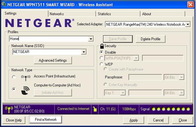 a. Make sure the WPNT511 software is installed and the WPNT511 is fully inserted in an available CardBus slot in your PC. b. Use the icon to open the Smart Wizard. The Settings page opens.