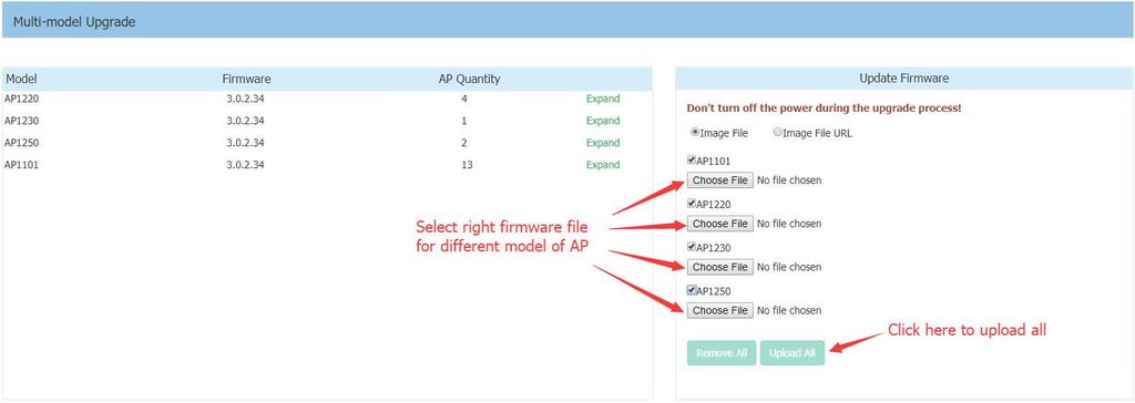 4. Select the firmware file and click Upload All, this will upgrade