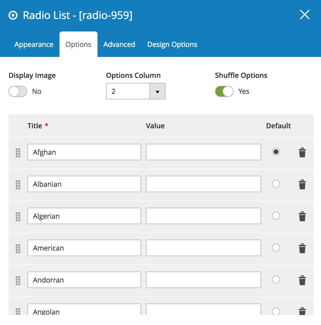 4.2.4 Radio List Select field