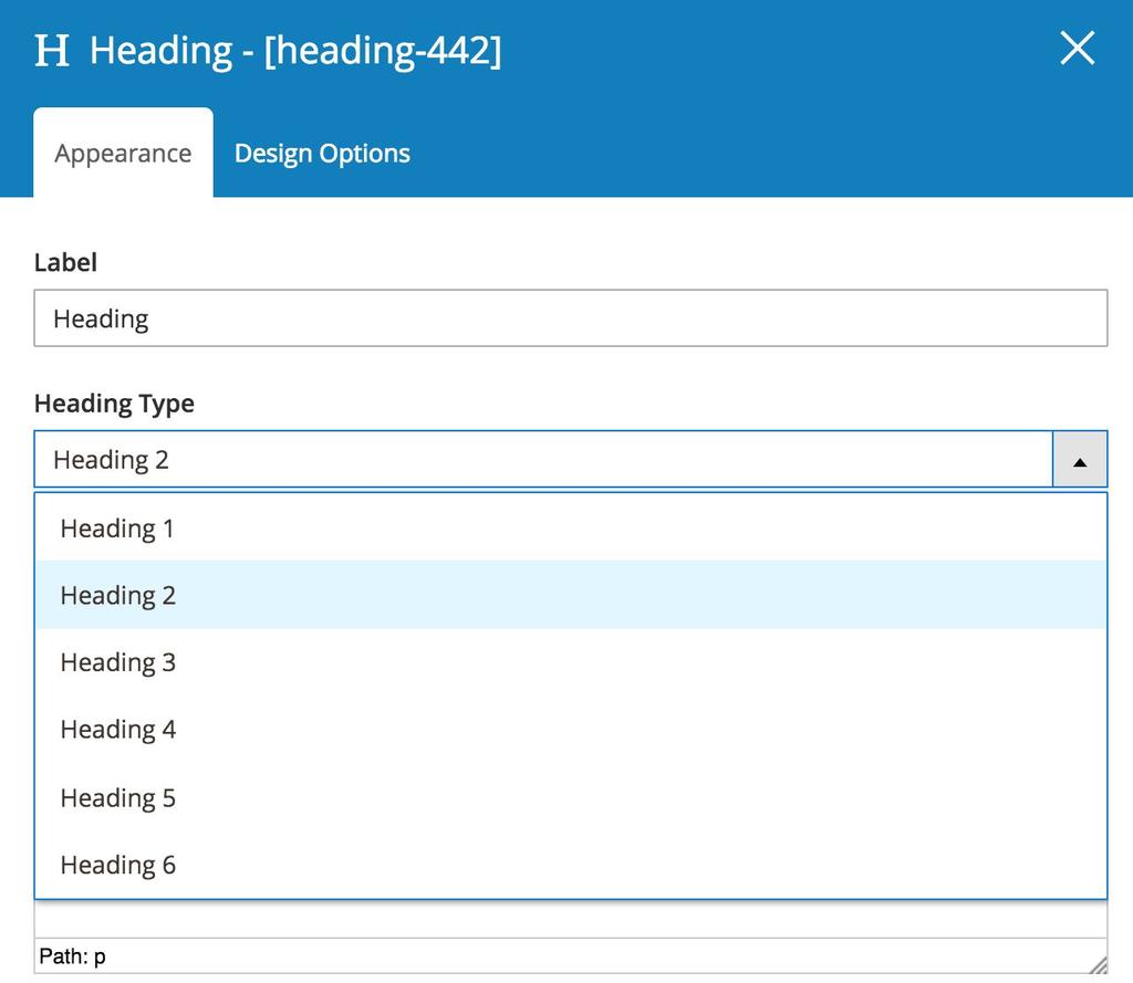 4.3.2 Heading The Heading tab components can be used to add content headings to the form.