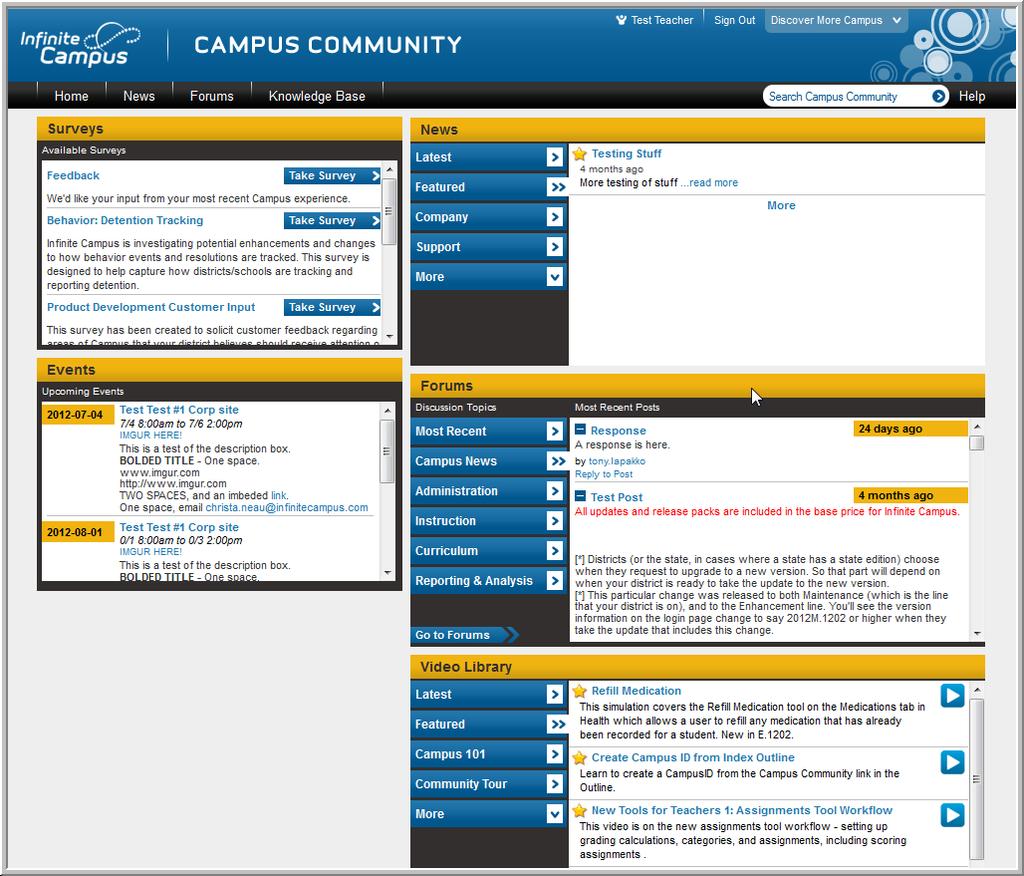 To return to the Homepage or frontpage at any time, click on the Infinite Campus logo in the header or Home in the navigation bar at the top left.