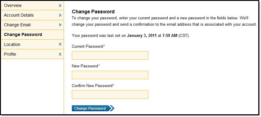 Change Password To change your password for the Community, select Change Password from the menu on the left.