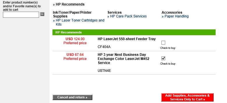 4. Click in the checkbox for the HP 3 year Next Business Day Exchange