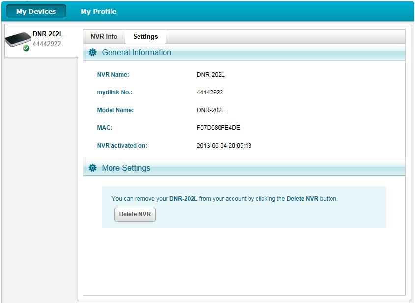 Section 3 - mydlink Portal Settings On the Settings tab you can see a general summary of your NVR.