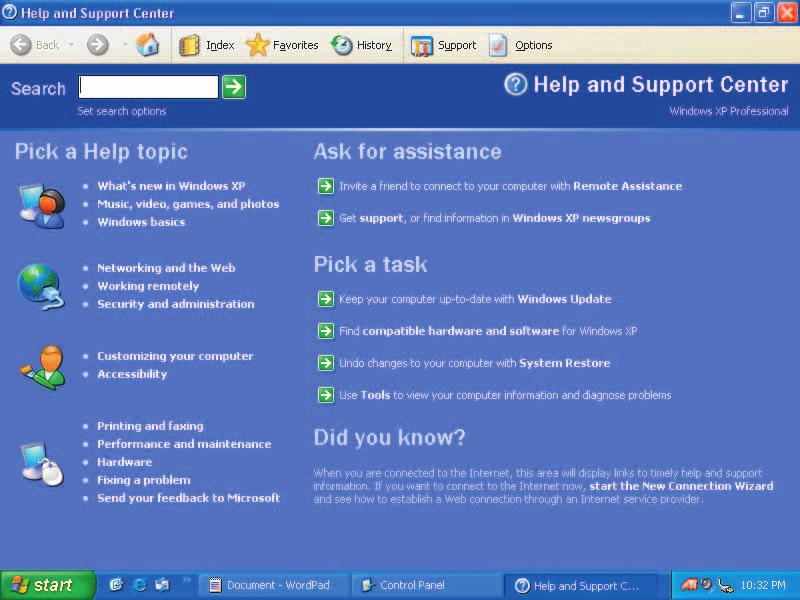 Help toolbar Type keyword or phrase to search for topics FIGURE A-14: Windows Help and Support Center Links for popular Help topics FIGURE A-15: Viewing a Help topic Type search text here Left pane