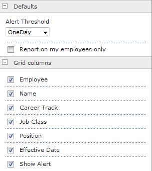 Web Part Settings To define the amount of time prior to a requirement completion date to show an alert, select the time measurement from the Alert Threshold list in the Defaults group