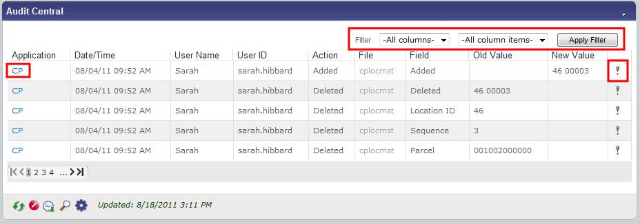 System Administration Audit Central The Audit Central web part displays a list of all of the changes made for the application, user ID, action, file, or field that you indicate on the Filter lists.