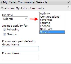 Web Part Settings The Display list establishes the focus for the Tyler Community web part.