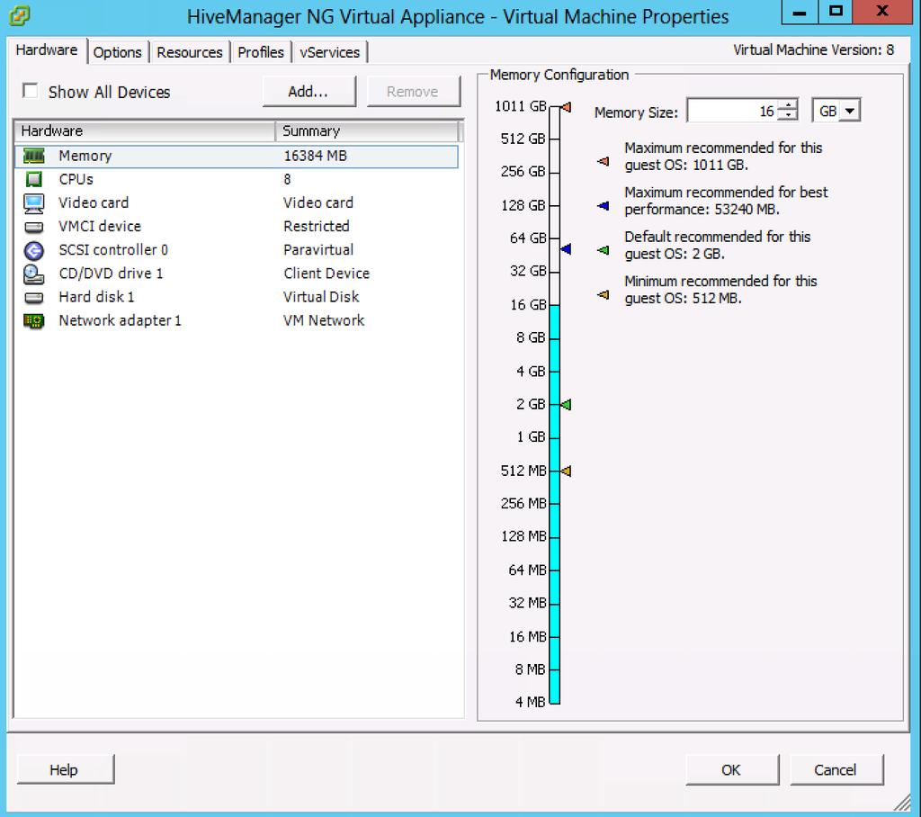 HiveManager NG Virtual Appliance: vsphere Configuration 10 9. For small-medium deployments, set the Memory Size to 16 GB.