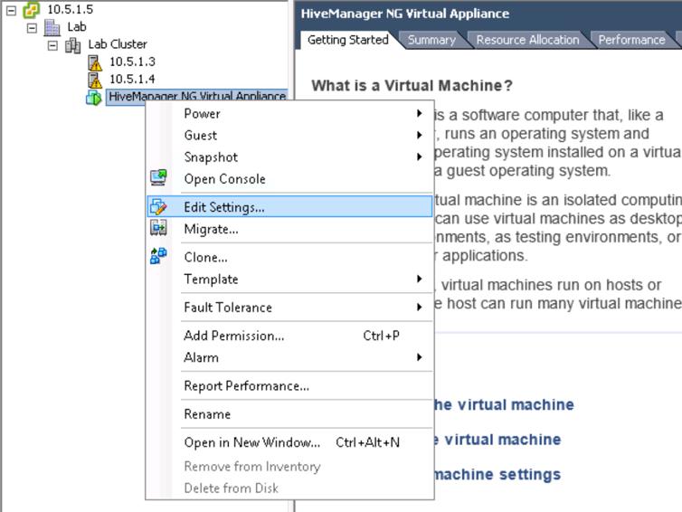 HiveManager NG Virtual Appliance: vsphere Configuration 11 Optimizing vsphere Resources (Optional) If HiveManager NG Virtual Appliance is sharing resources with other virtual machines, there is